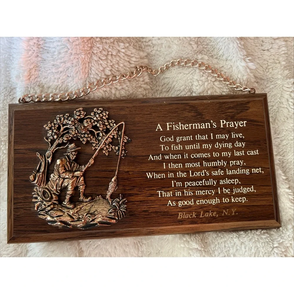 Vintage Fisherman's Prayer Wall Plaque 3d Embossed Decal Black Lake, N.Y.